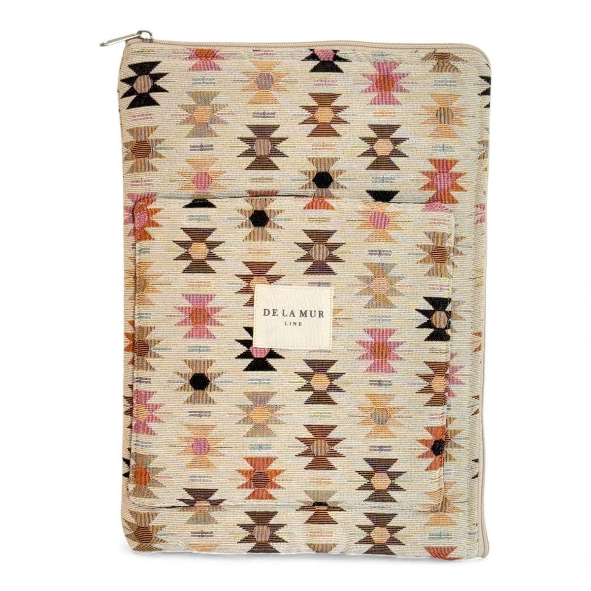 DE LA MUR Royal geometric jacquard padded laptop bag in pink and orange, front view