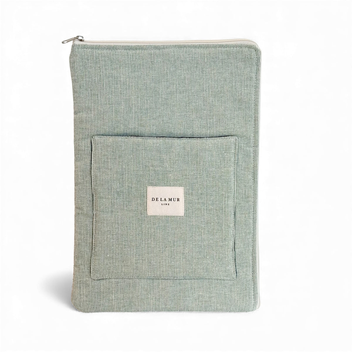 DE LA MUR Teo padded laptop bag in green and gray stripe, front view