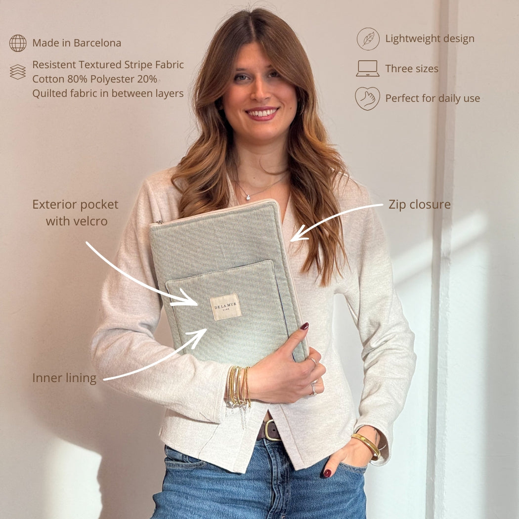 Model holding DE LA MUR Teo laptop bag with features infographic and specs