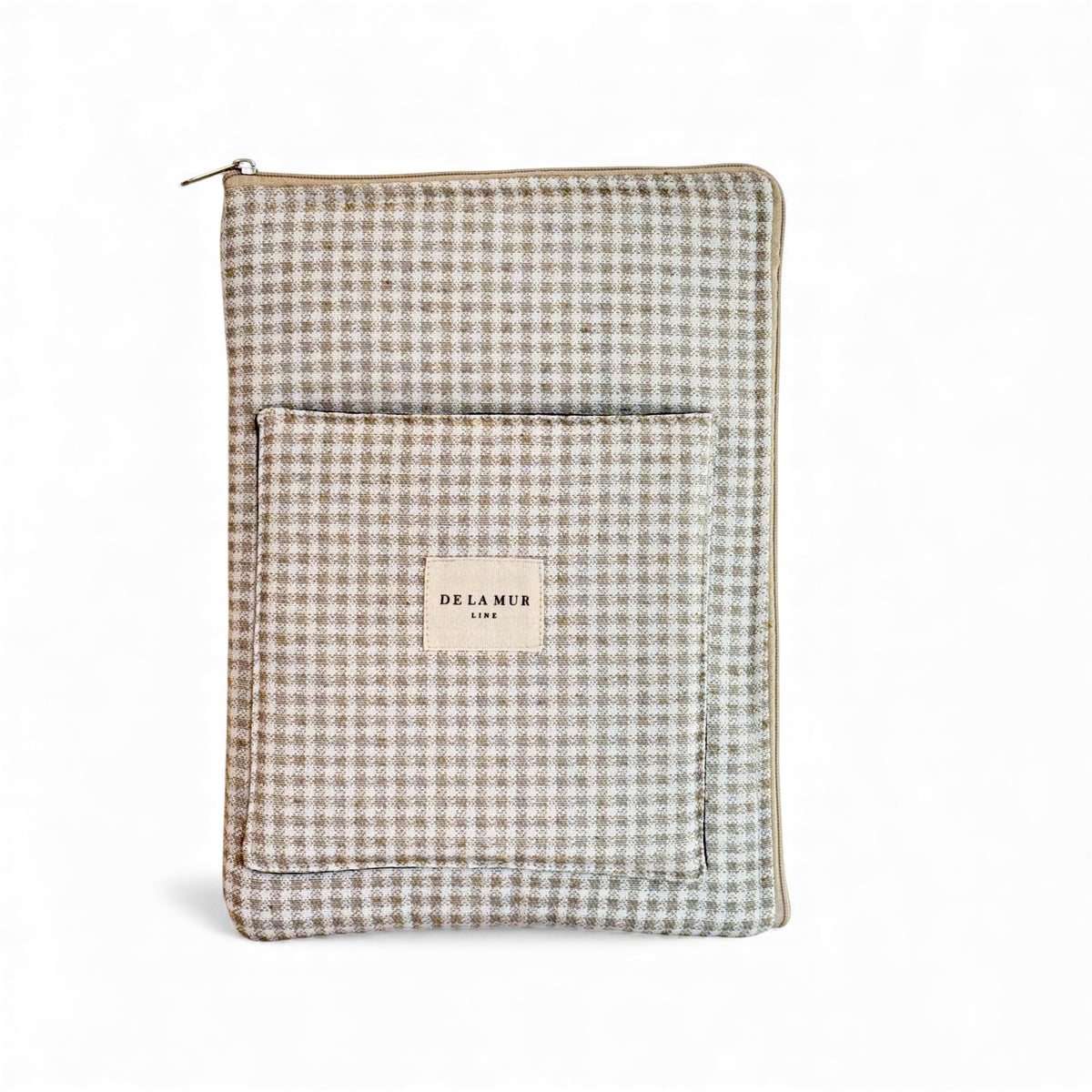 DE LA MUR Vison check jacquard padded laptop bag in beige and ecru, front view