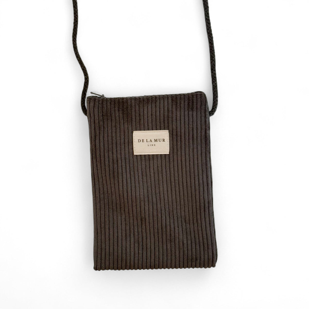 DE LA MUR Boni corduroy phone sleeve in brown with crossbody cord, front view