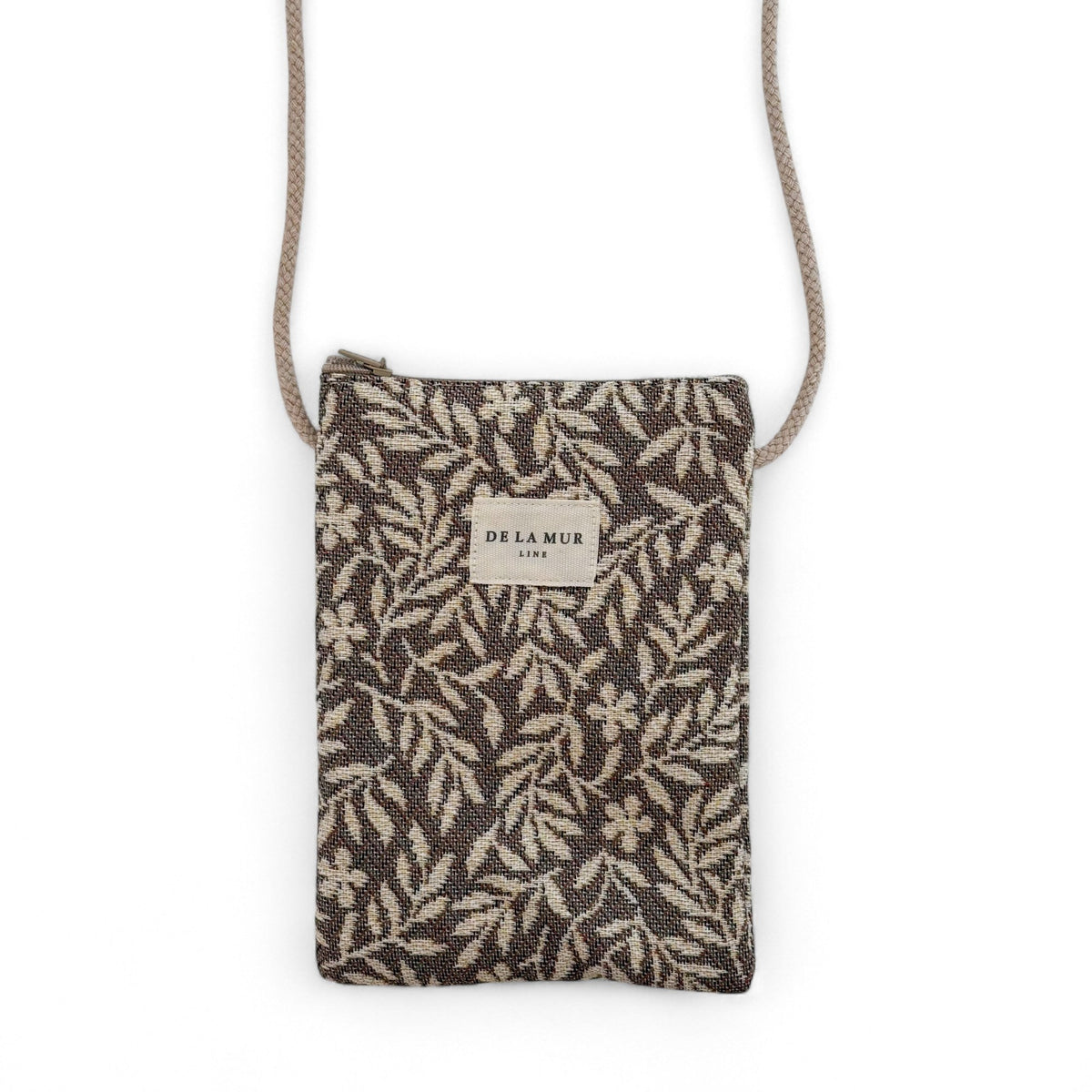 DE LA MUR Plan phone sleeve in beige and gray floral jacquard with crossbody cord, front view