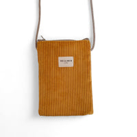 DE LA MUR Taz corduroy phone sleeve in mustard with crossbody cord, front view