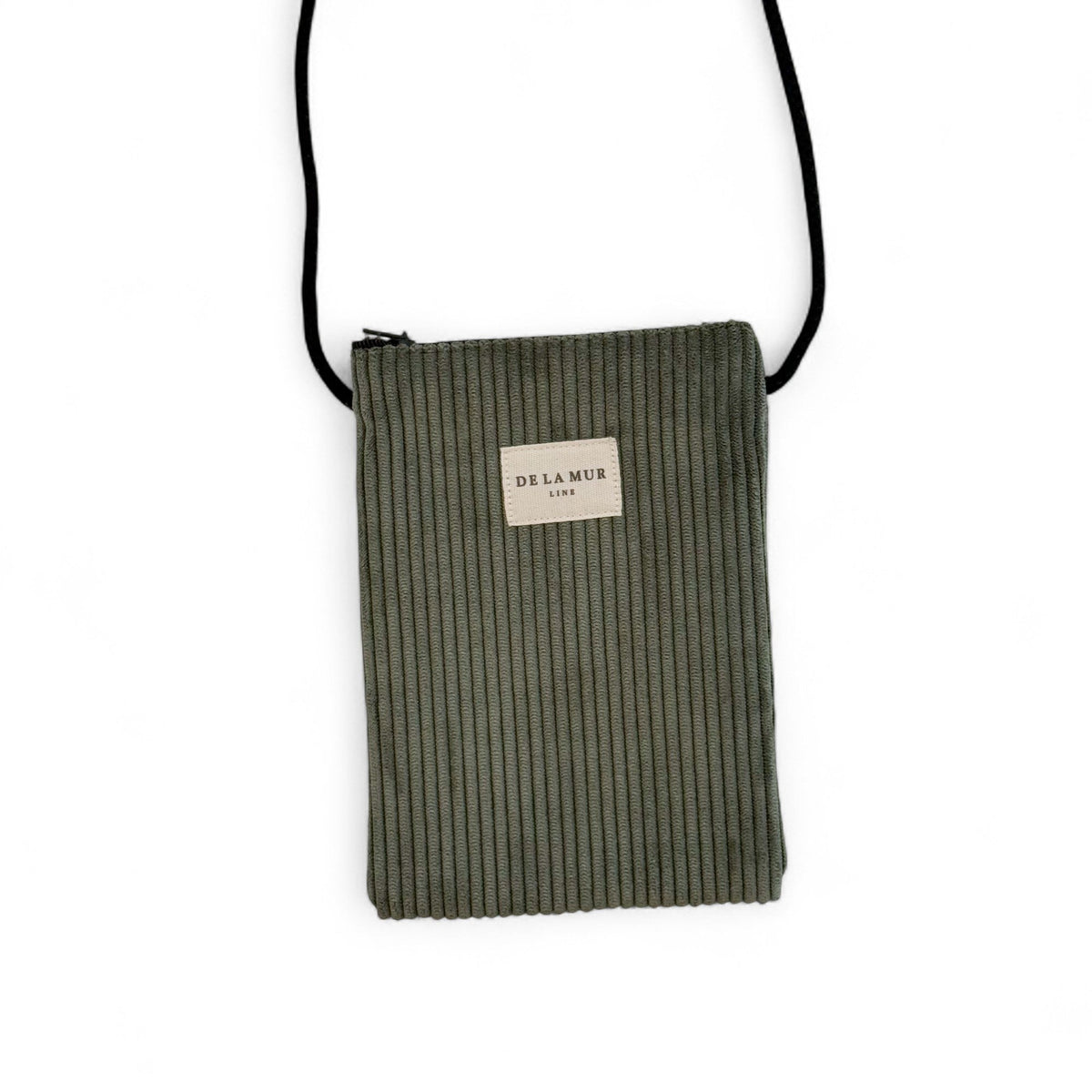 DE LA MUR Tree corduroy phone sleeve in green with black crossbody cord, front view