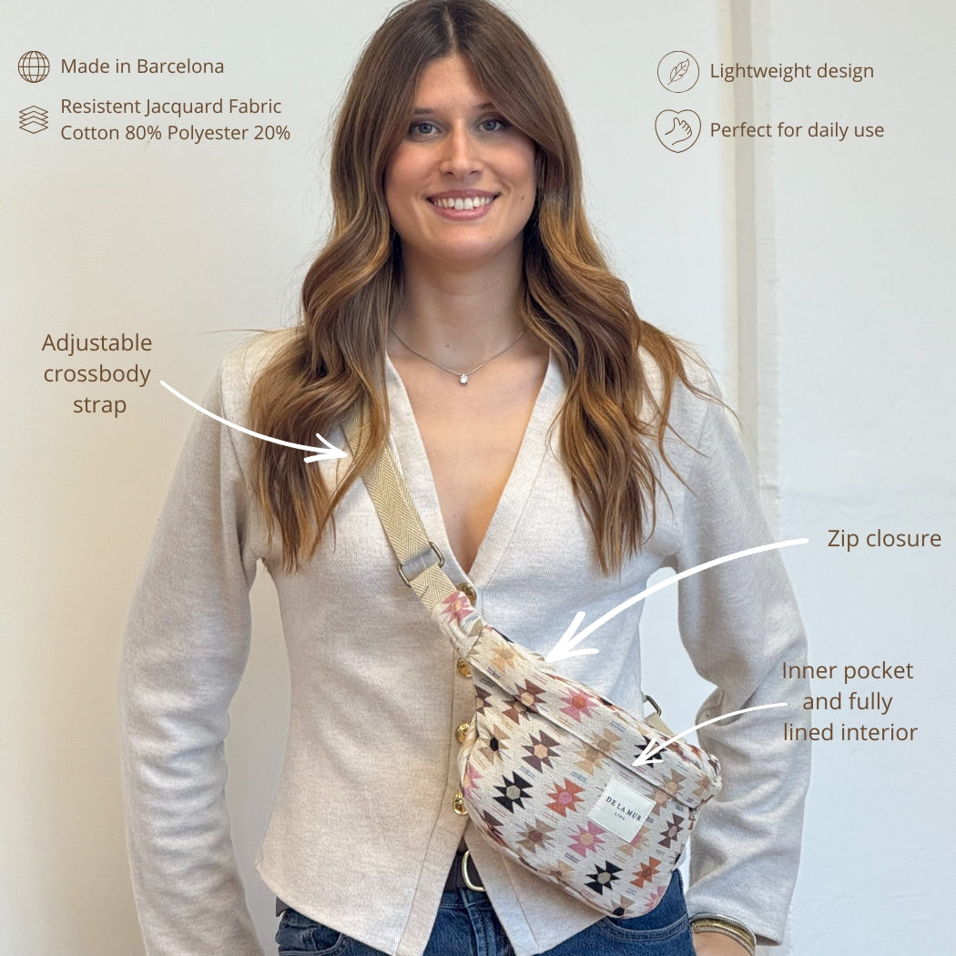 Model wearing DE LA MUR Royal fanny pack crossbody, features infographic