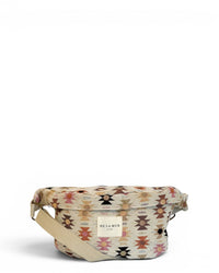 DE LA MUR Royal geometric jacquard fanny pack in beige and pink, front view