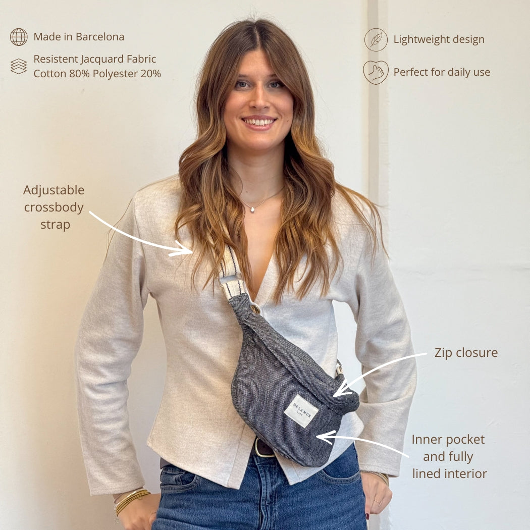 Model wearing DE LA MUR Sinay fanny pack crossbody, features infographic