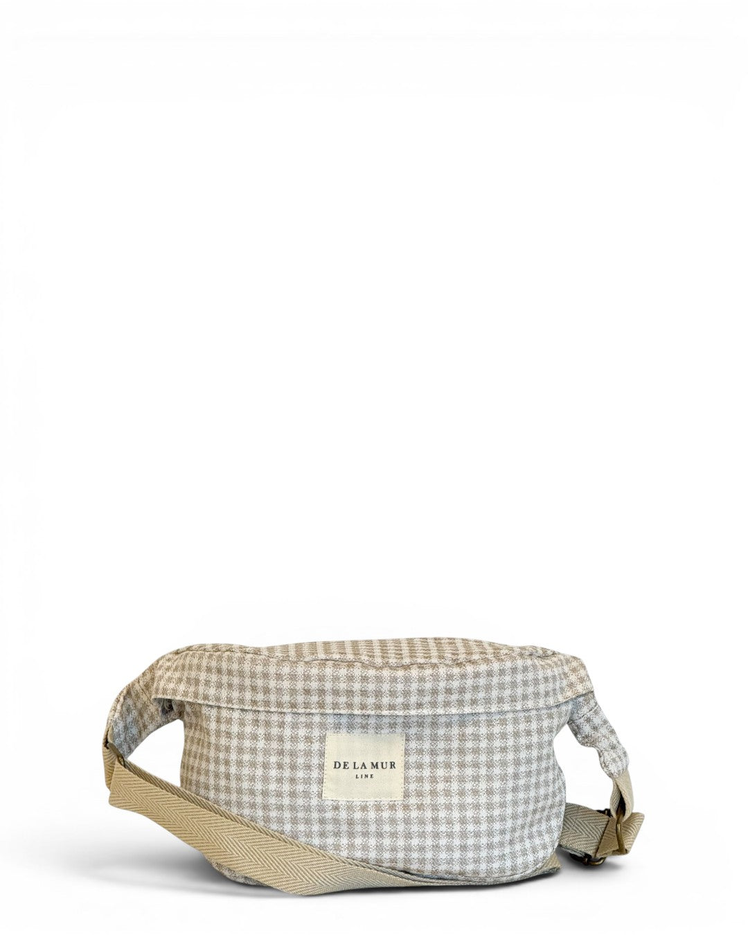 DE LA MUR check jacquard fanny pack in beige and off-white, front view with strap