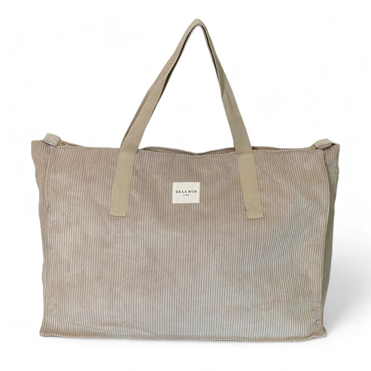 DE LA MUR beige herringbone corduroy weekender bag, front view