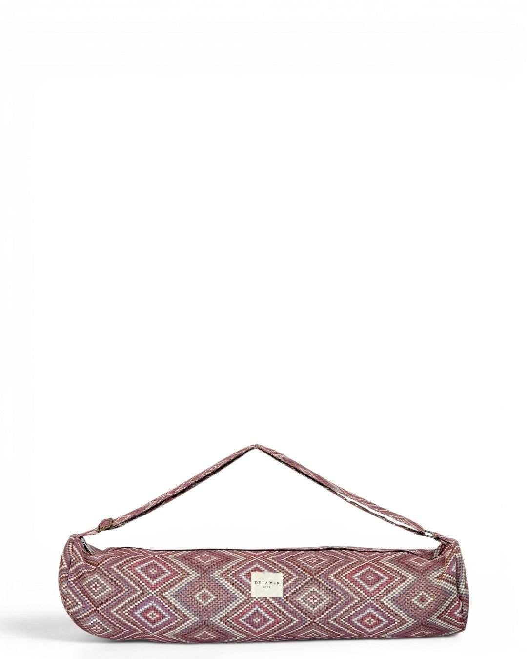 DE LA MUR Nana jacquard yoga mat bag in pink and lilac diamonds, front view with strap