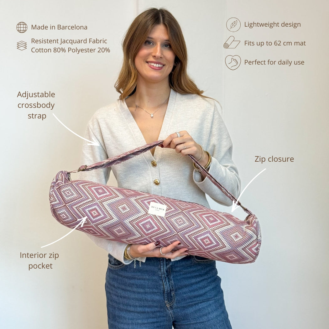 Model holding DE LA MUR Nana yoga mat bag, infographic of features and fabric