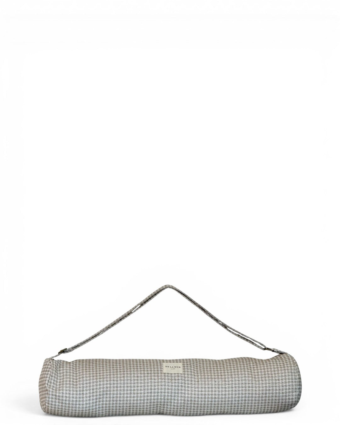 DE LA MUR Vison gingham jacquard yoga mat bag in beige and ecru, front view
