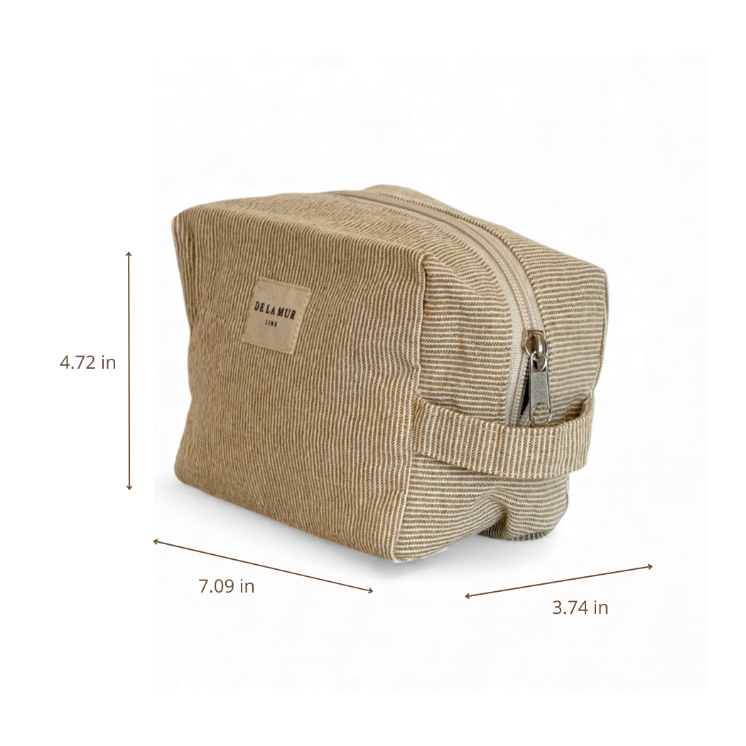DE LA MUR mustard striped makeup bag dimensions diagram in inches