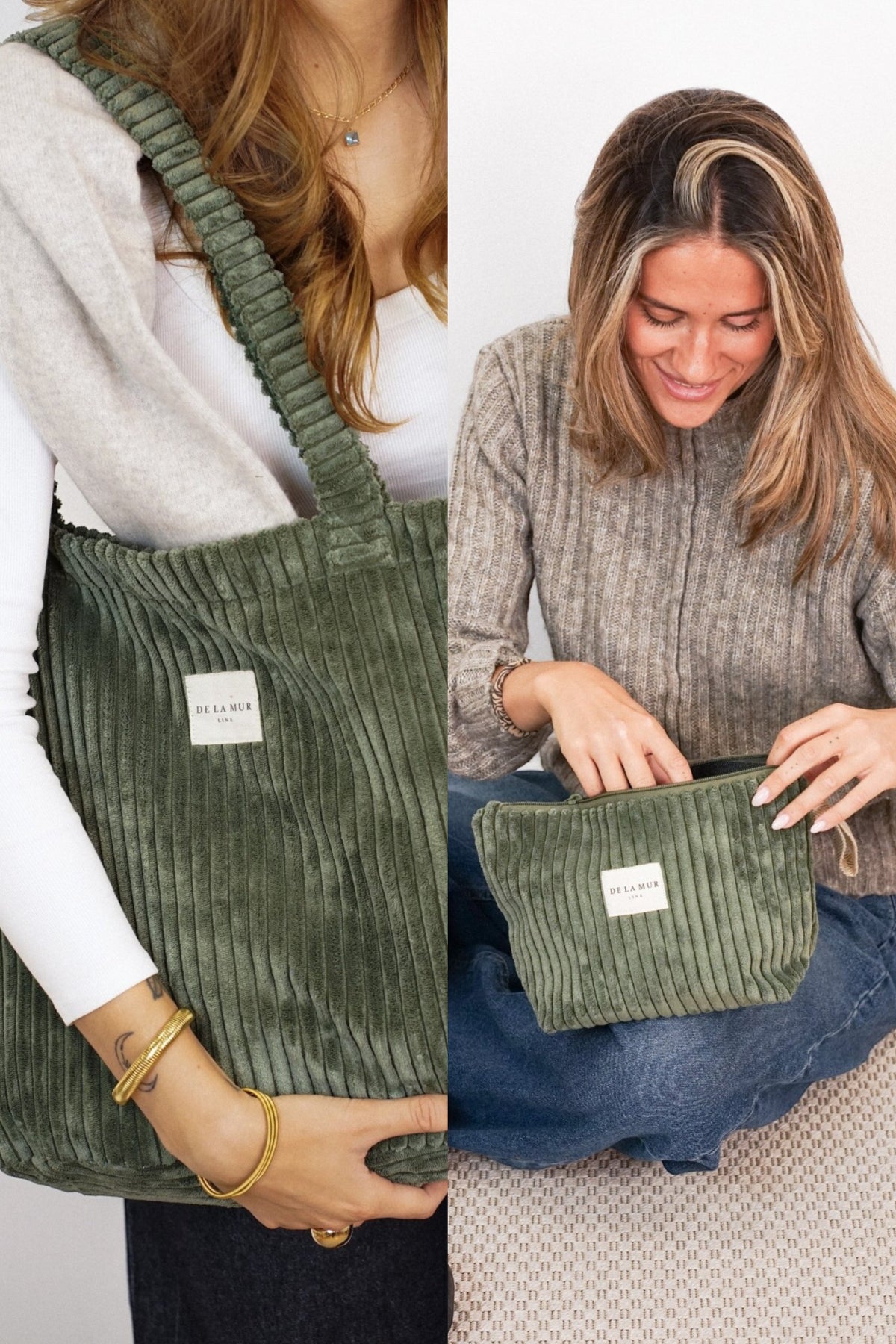 Corduroy Large Tote Bag & Large Makeup Bag Gift Set – Olive Green (Musgo)