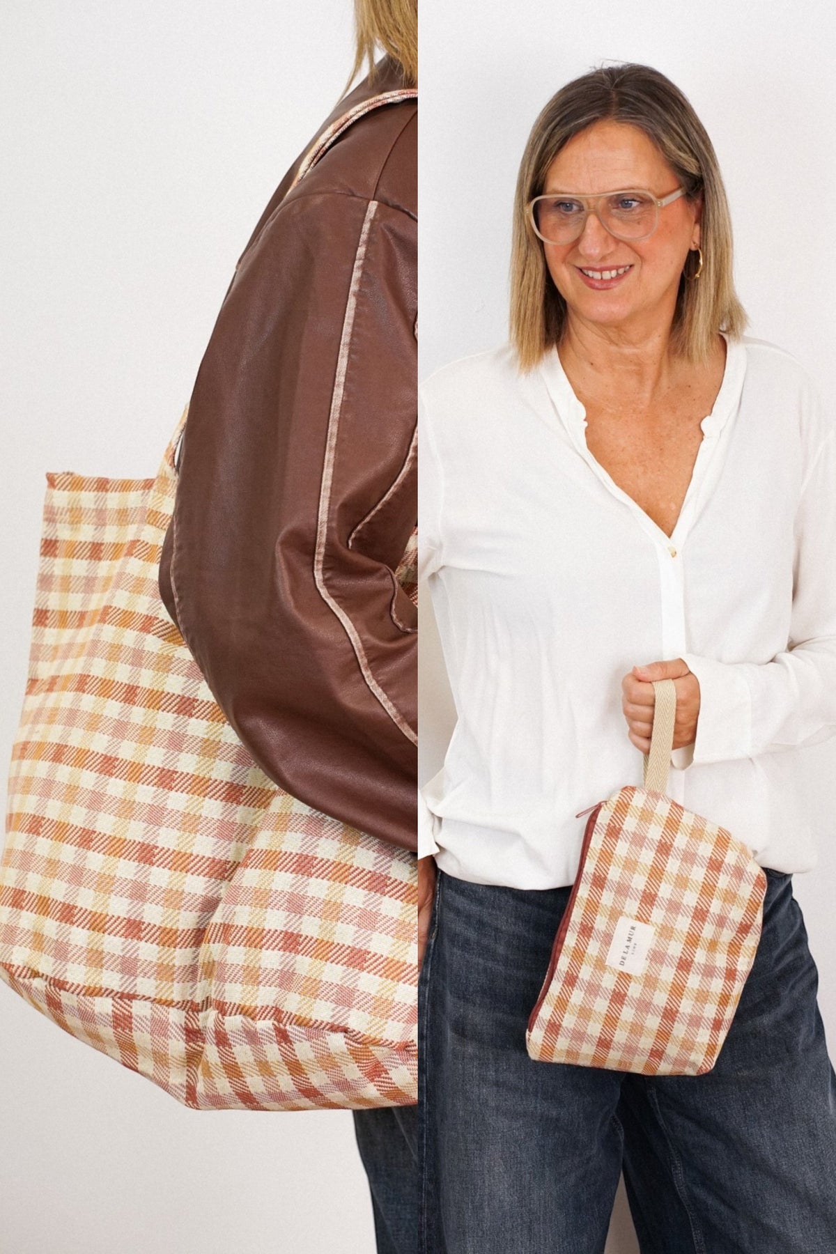 Gingham Jacquard Large Tote Bag & Large Makeup Bag Gift Set – Terracotta & Orange (Zia)