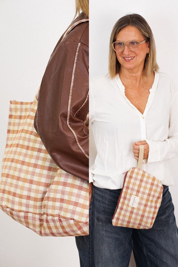 Gingham Jacquard Large Tote Bag & Large Makeup Bag Gift Set – Terracotta & Orange (Zia)