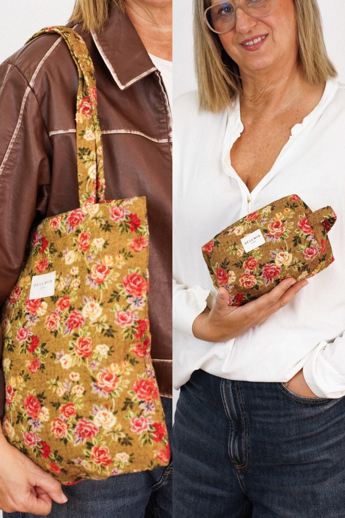 Floral Jacquard Medium Tote Bag & Makeup Bag Gift Set – Mustard & Red (Esme)