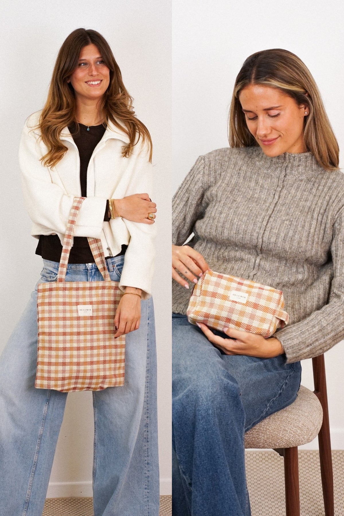 Gingham Jacquard Medium Tote Bag & Makeup Bag Gift Set – Terracotta & Orange (Zia)