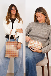Gingham Jacquard Medium Tote Bag & Makeup Bag Gift Set – Terracotta & Orange (Zia)