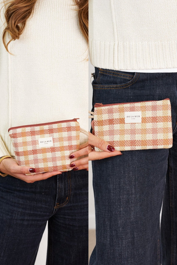 Gingham Jacquard Small Makeup Bag & Coin Purse Gift Set – Terracotta & Orange (Zia)