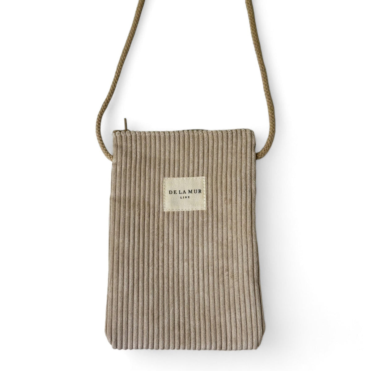 DE LA MUR beige corduroy phone sleeve crossbody with cotton cord, front